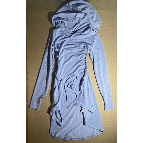 Unbranded Women's Big Hood High Low Dress Light Blue Lace Up Sides Thumb Holes - Picture 1 of 6